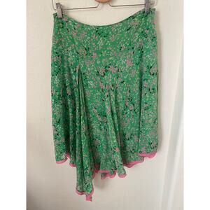 Y2K BCBGMAXAZRIA 100% Silk Green Pink Print Size Small Asymmetrical Hem